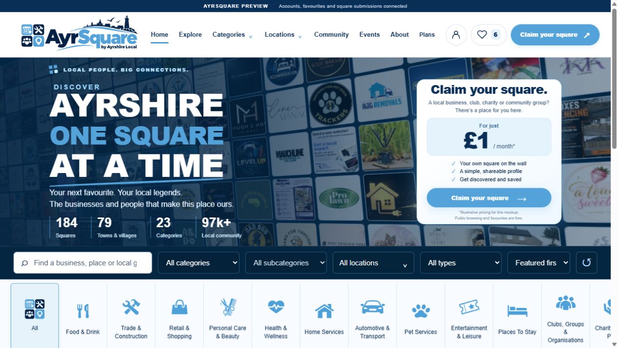AyrSquare homepage with its hero, search filters and categories